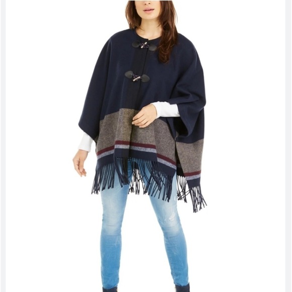 Burgundy Navy Gray Color Block Tommy Coat Cold Weather Fringe Trim NEW NWOT - Picture 10 of 16